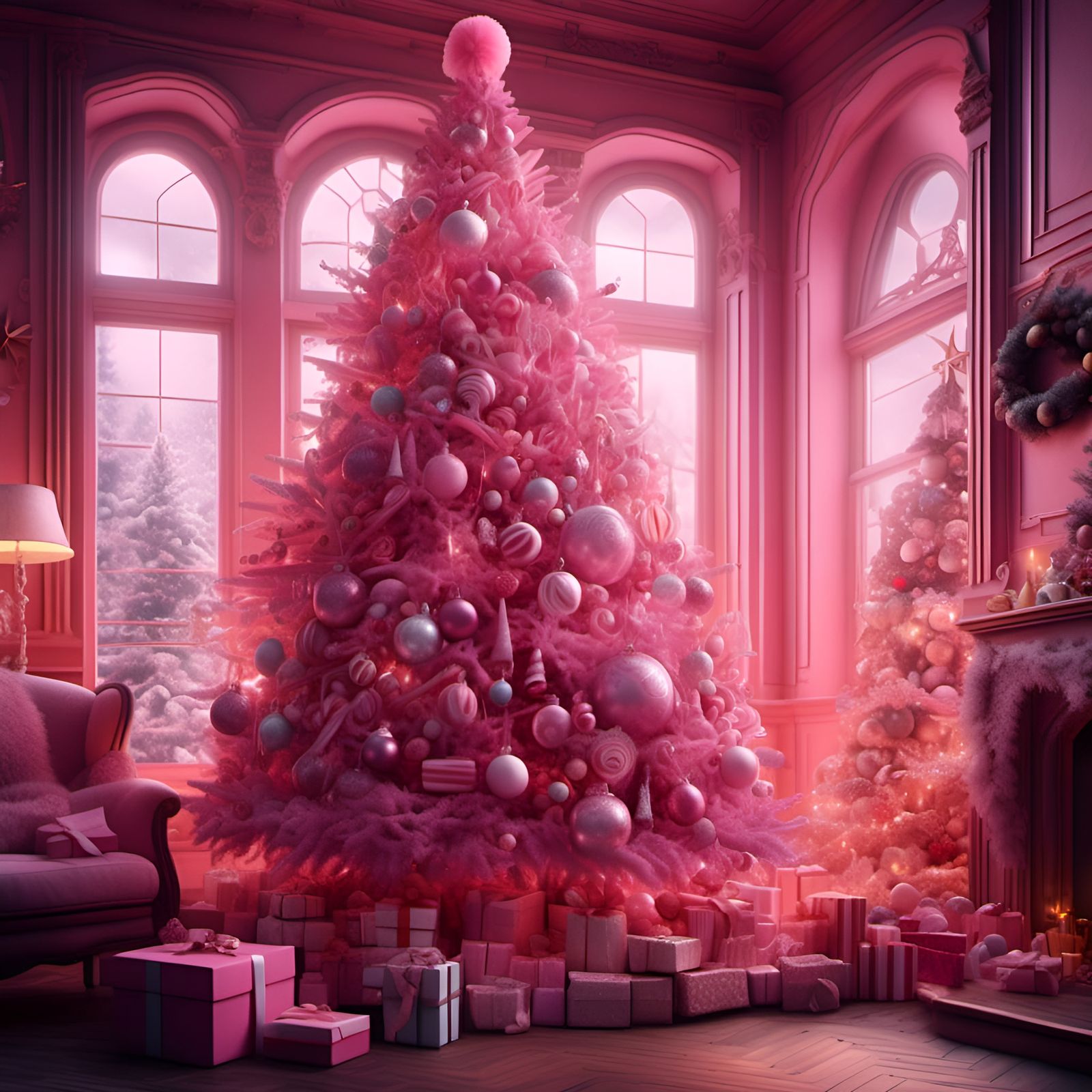 Hyperrealistic Pink Christmas Tree with Candy Ornaments