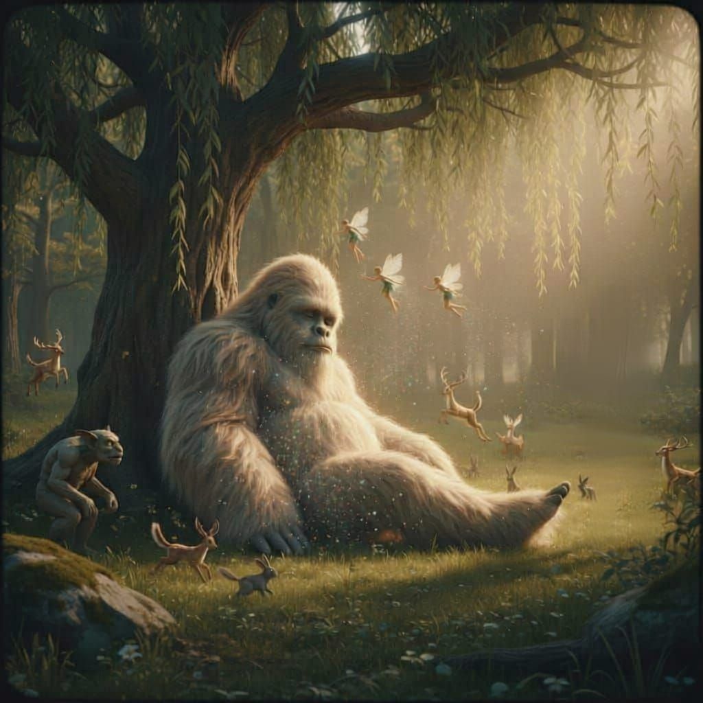 Mythical Forest Scene with Yeti and Gargoyle