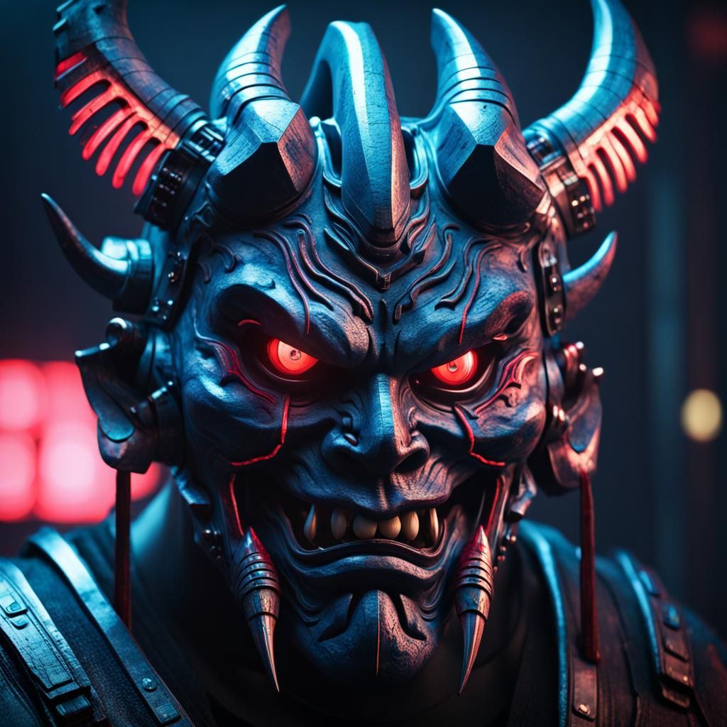 Cyberpunk Oni Mask in Detailed 3D Render