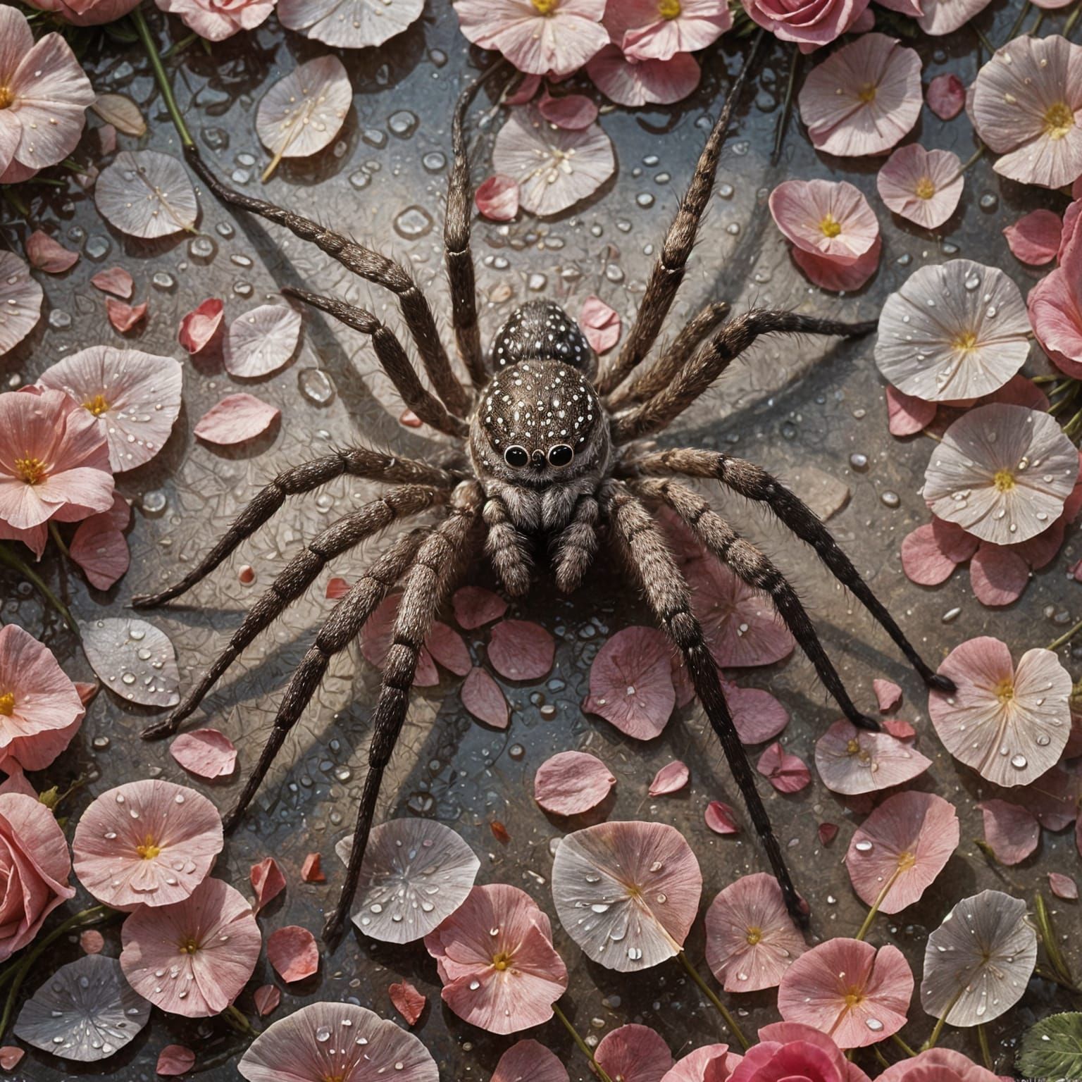 Detailed Wolf Spider Among Dewy Rose Petals