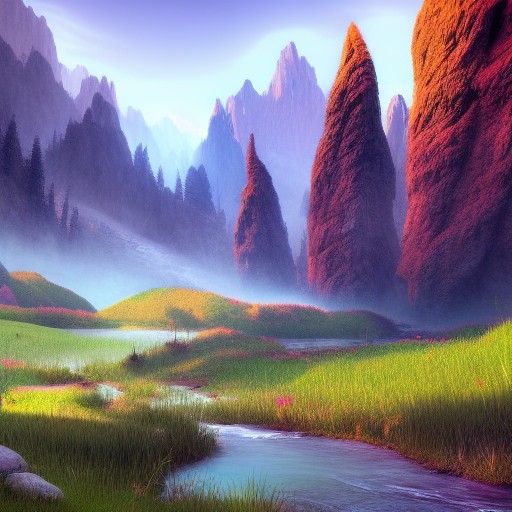 Vibrant Morning Meadow with Mountain River