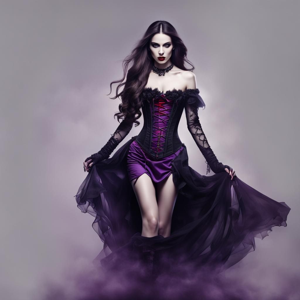 Alluring Vampire Woman in Purple Corset Dress
