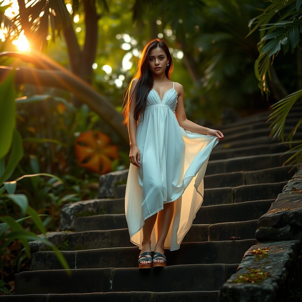 Woman in Tropical Jungle, Ethereal Beauty in Ancient Setting