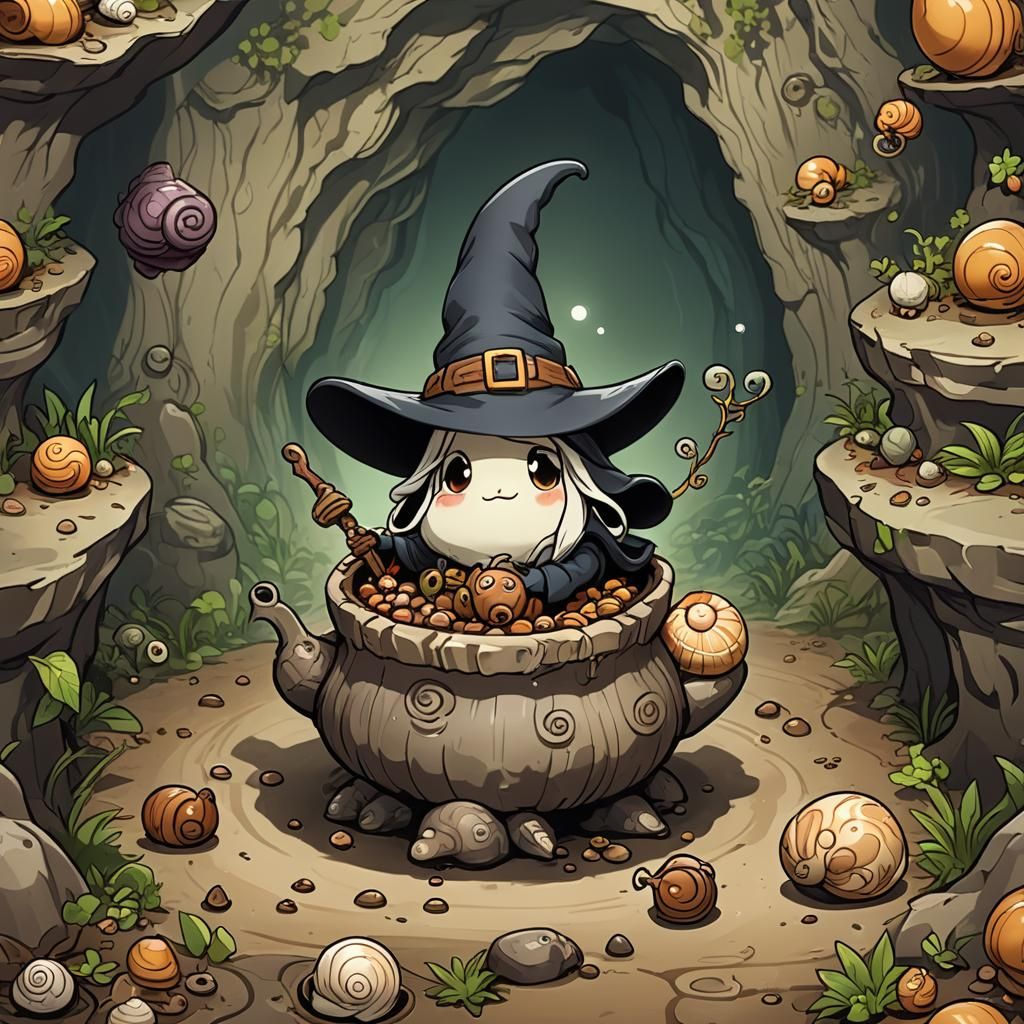 Chibi Slug Witch with Acorn Hat and Cauldron