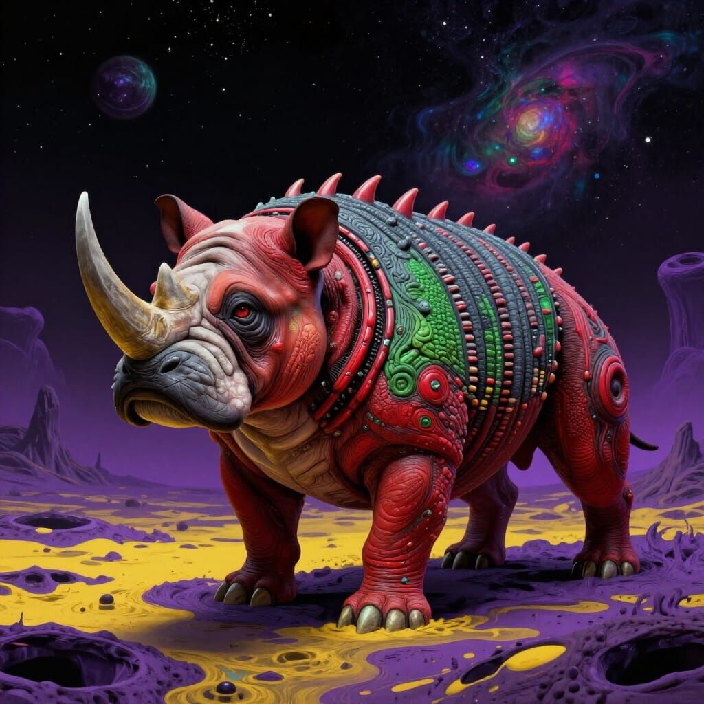 Biomechanical Bulldog-Rhino Hybrid in Surreal Alien Landscap...