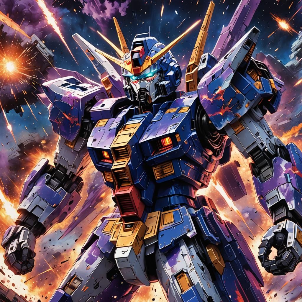 Gundam Amidst Space Explosion in Comic Book Style