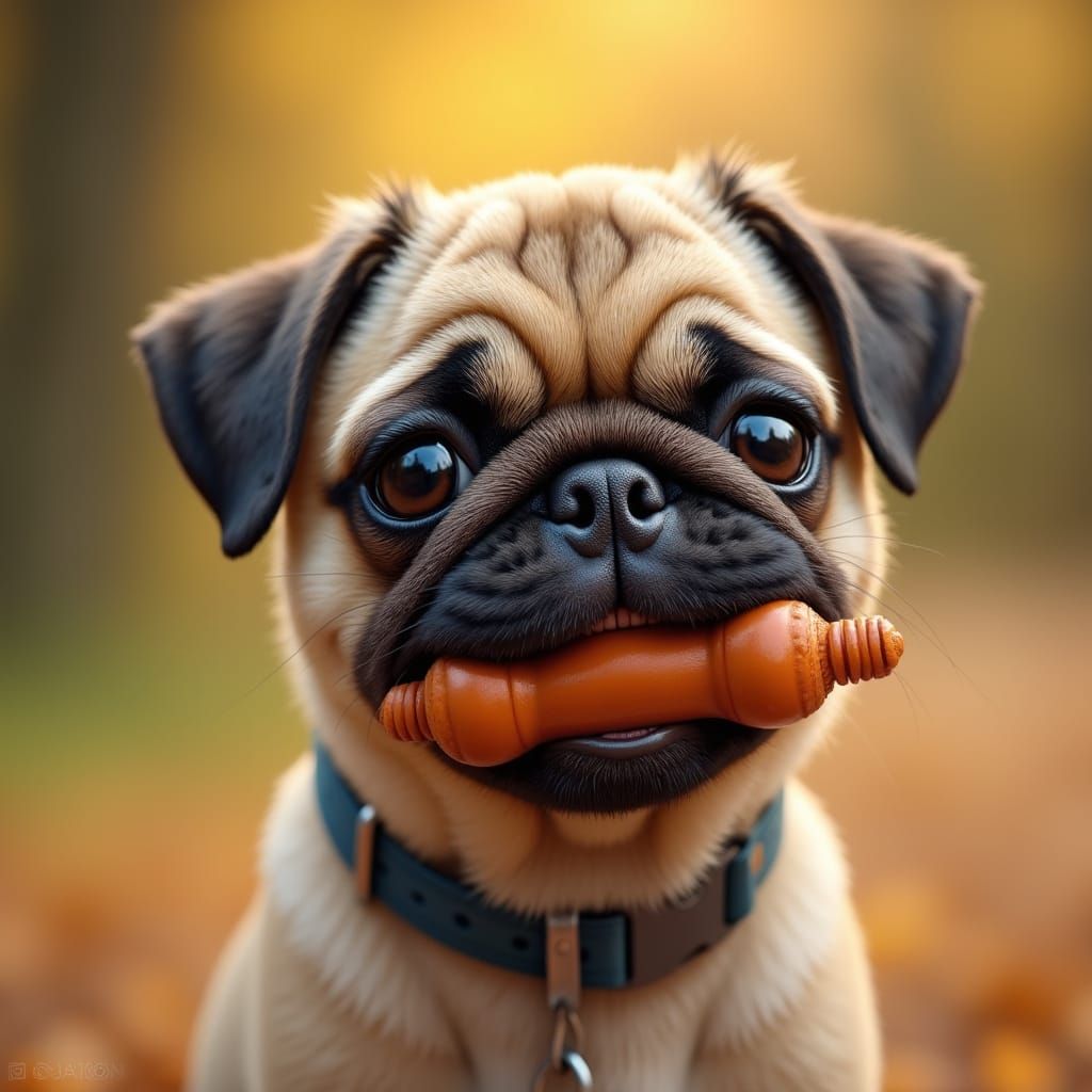 Photorealistic Pug Shakes Head with Toy