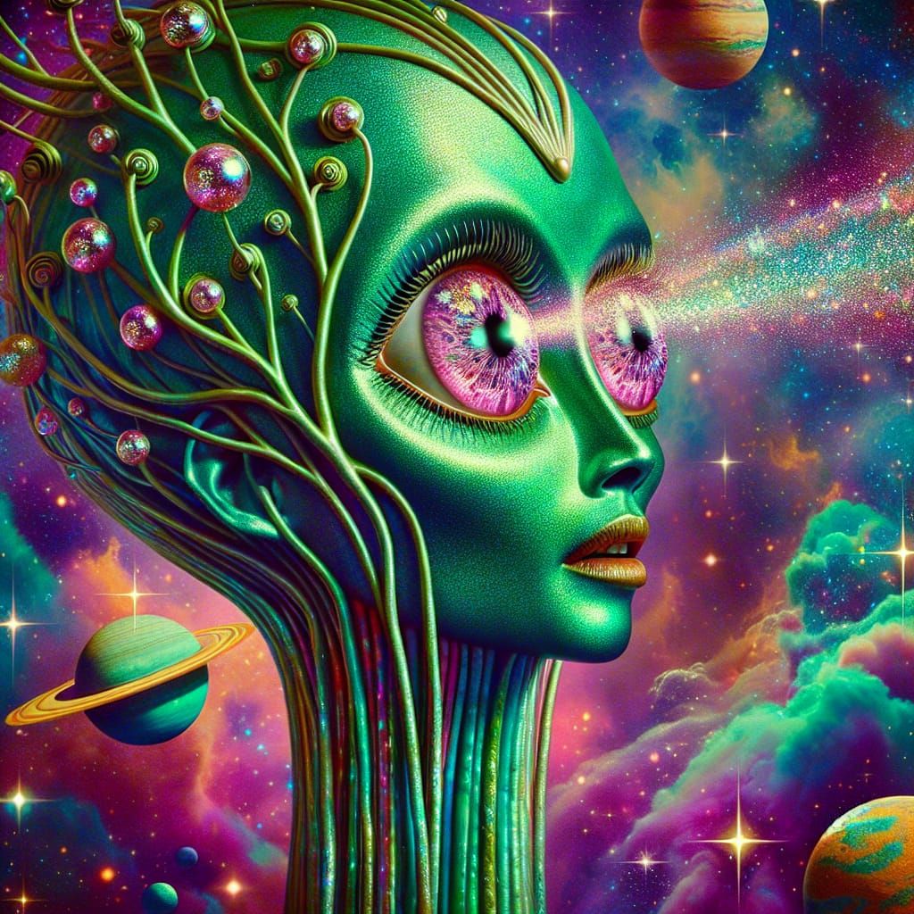 Surreal Goddess of Emerald Cosmos in Cosmic Whimsy
