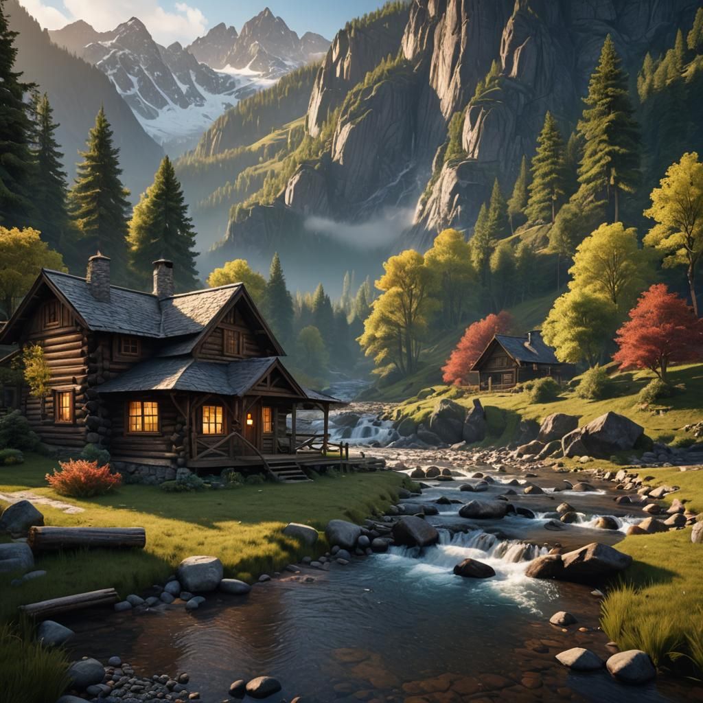 Log Cabin by Stream: Detailed Matte Painting