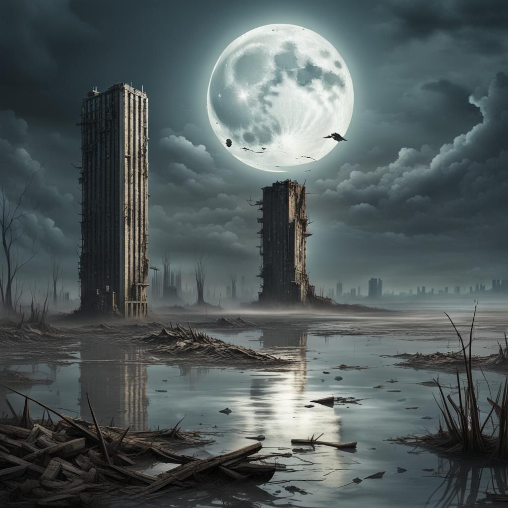 Post-Apocalyptic Flooded City Ruins at Night