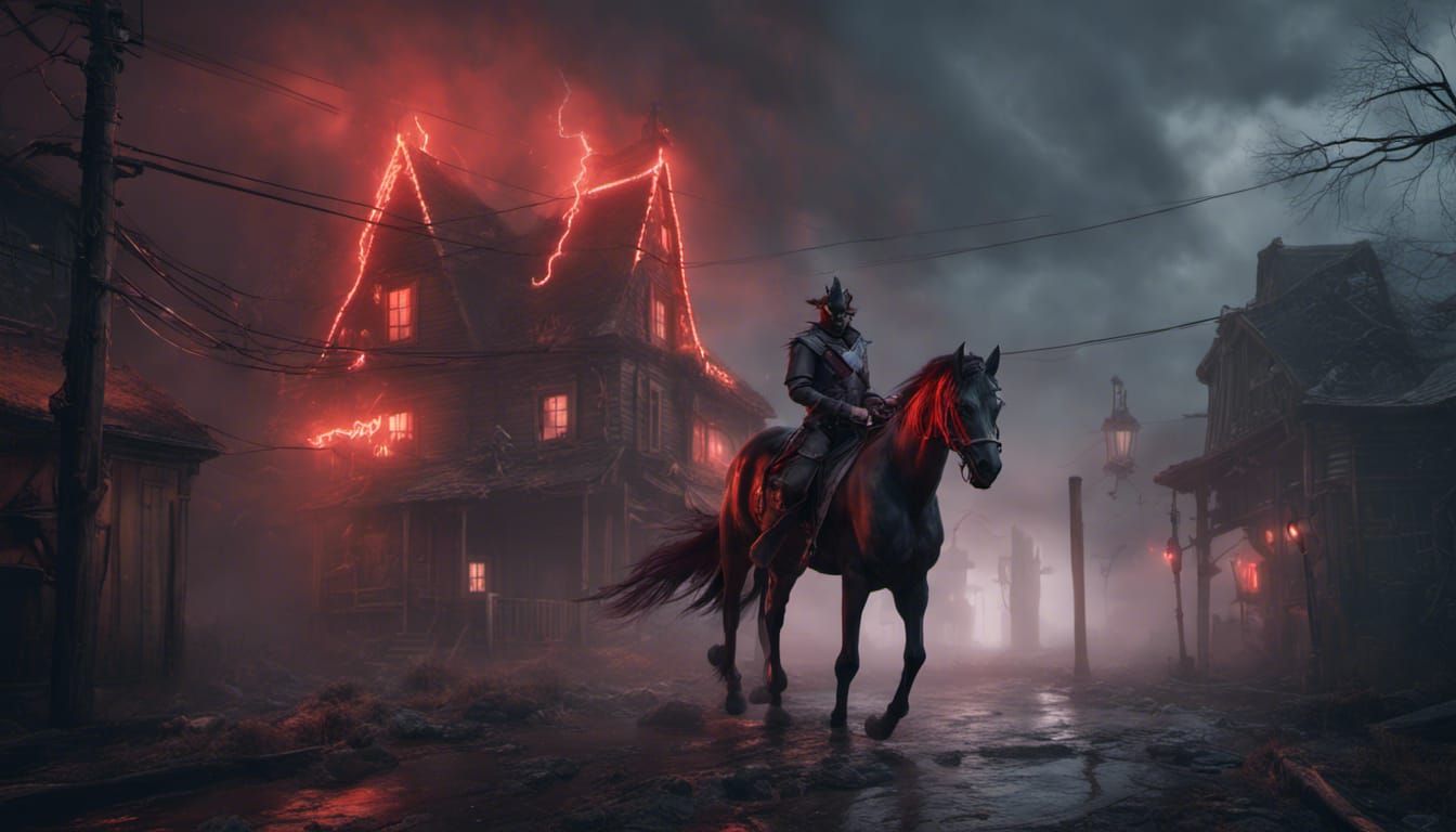 Haunted Town with Red-Eyed Horse in Matte Painting