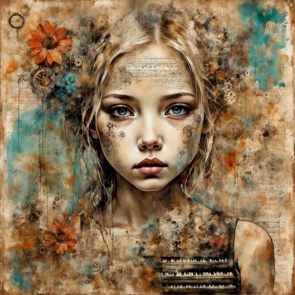 Harmonica Girl in Whimsical Mixed Media Art