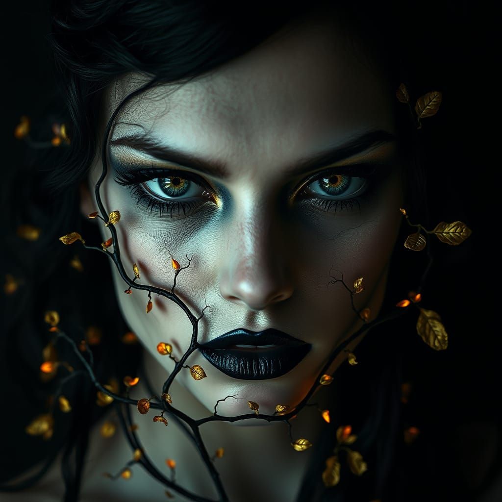 Ethereal Dark Sorceress with Twisting Vines and Piercing Gre...