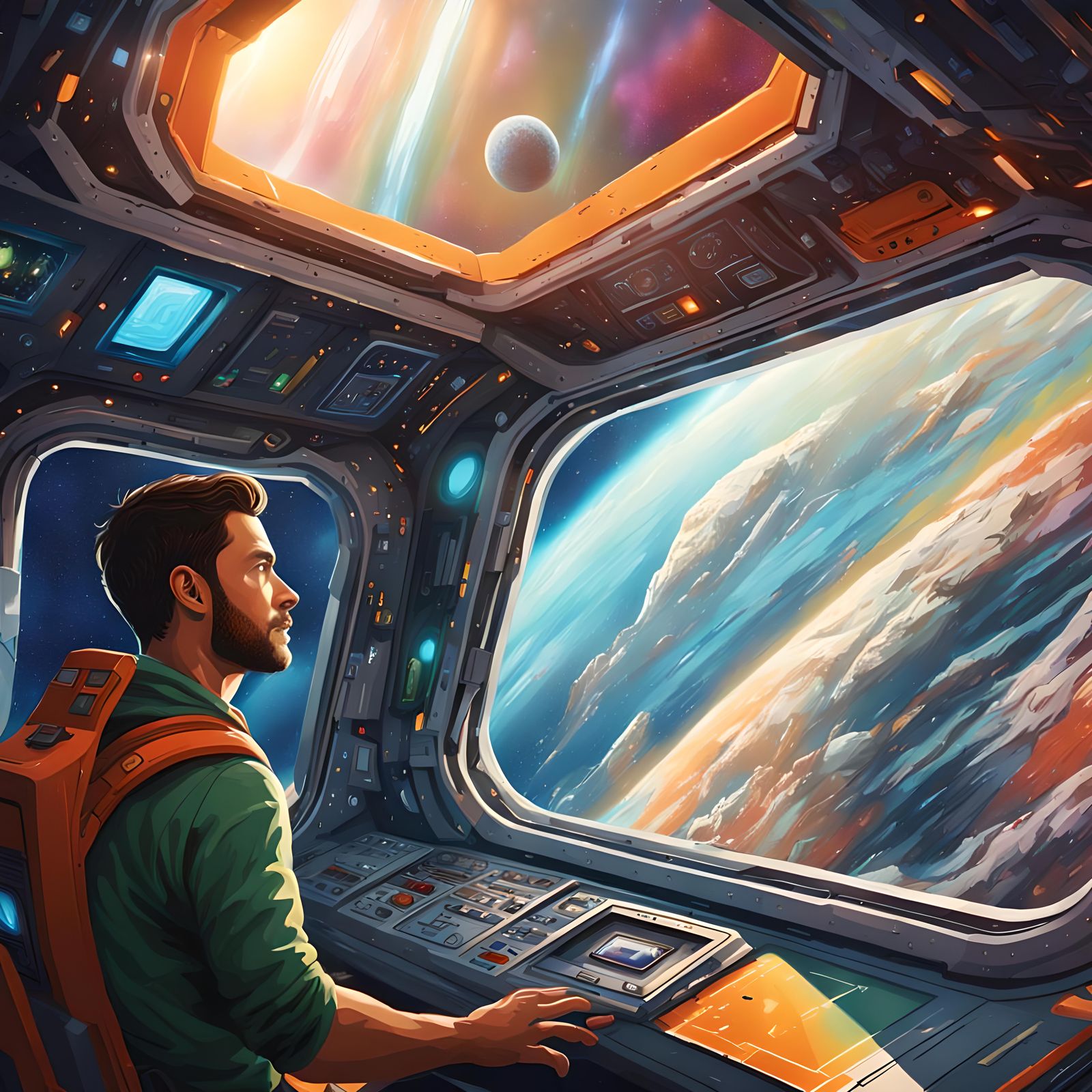 Man Gazing at Space From Spaceship Window