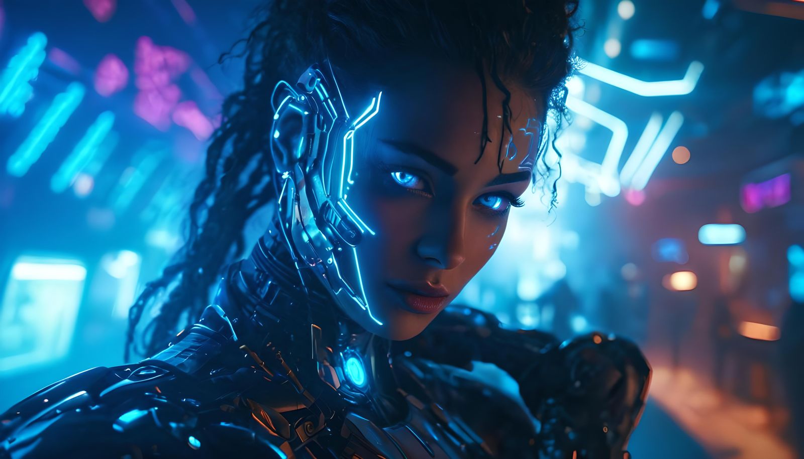Female Cyborg in Glowpunk Nightclub, Digital Art