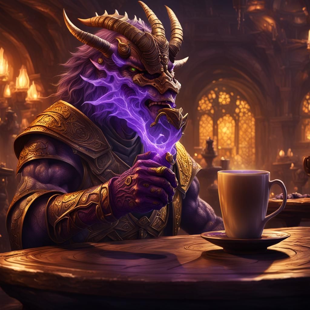 Dragonborn Barbarian Coffee Addict in Dark Fantasy Art