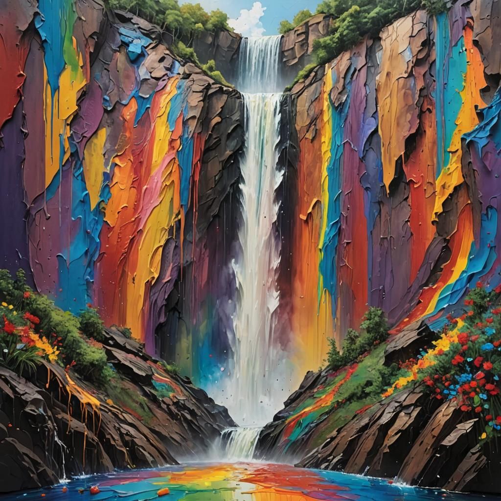 Rainbow Waterfall: A Colorful Impasto Painting