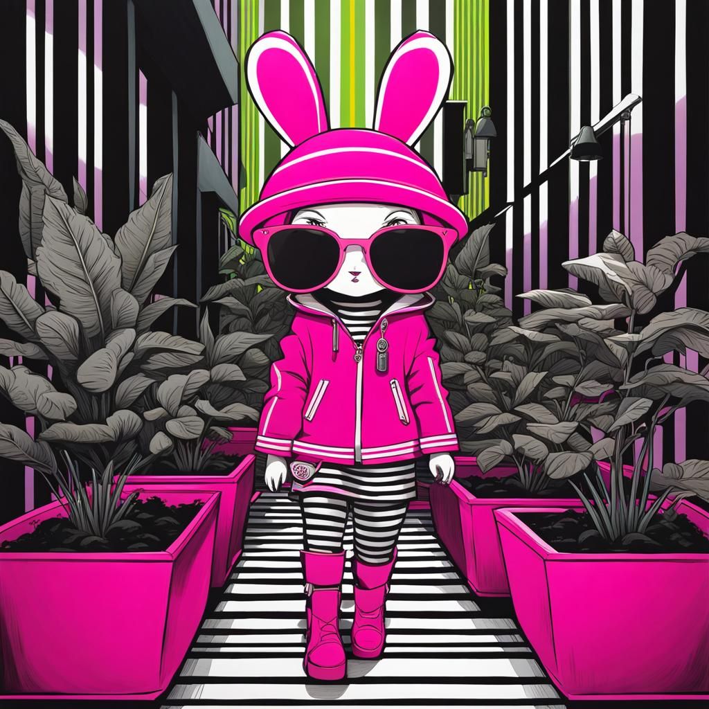 Neon Chibi Cyberbunny bot gardening in an urban garden ,plant boxes in  front of a vertical striped black and white wall...