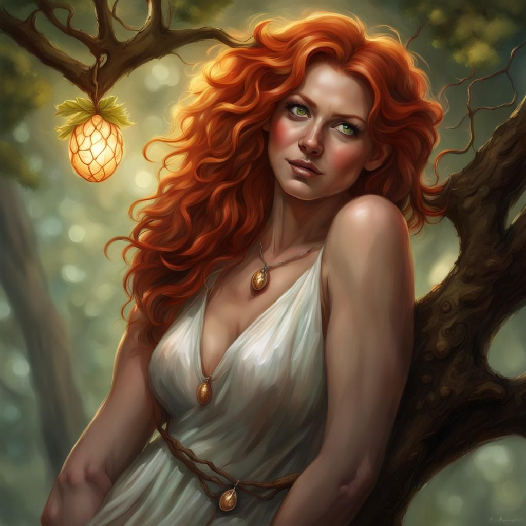 Redhead on Branch, Art Nouveau Portrait