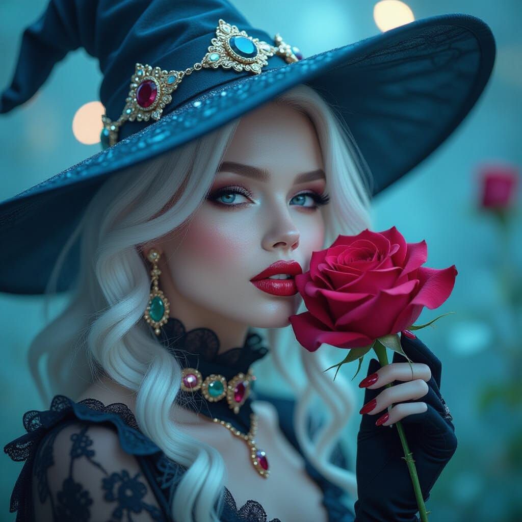 Mystic Albino Witch with Rose in Futuristic Style