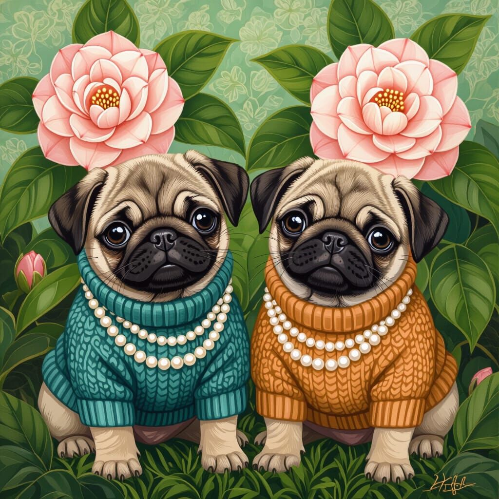 Brindle Pug Puppies with Camellias: A Surreal Portrait