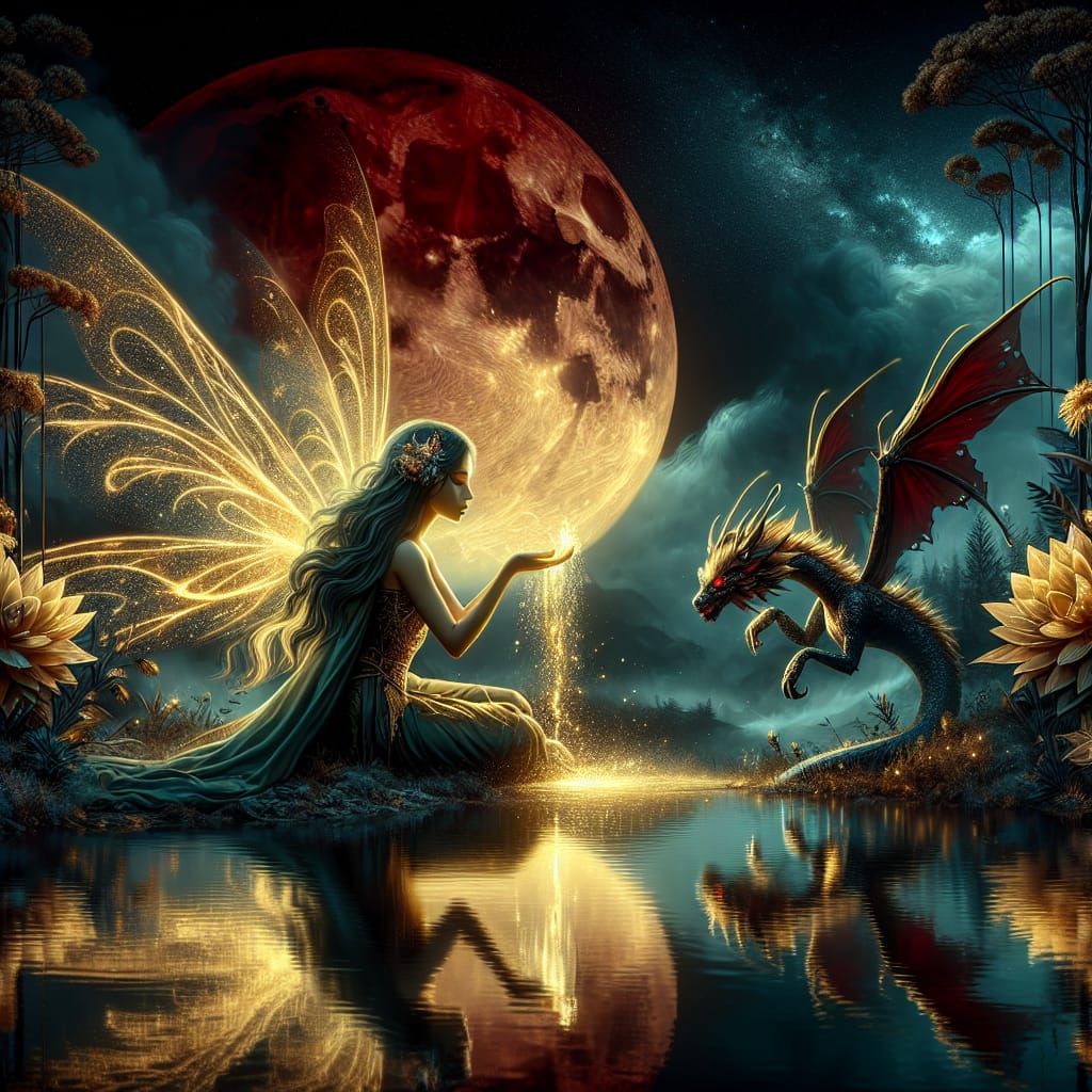 Fairy and Dragon under Golden Lake Night
