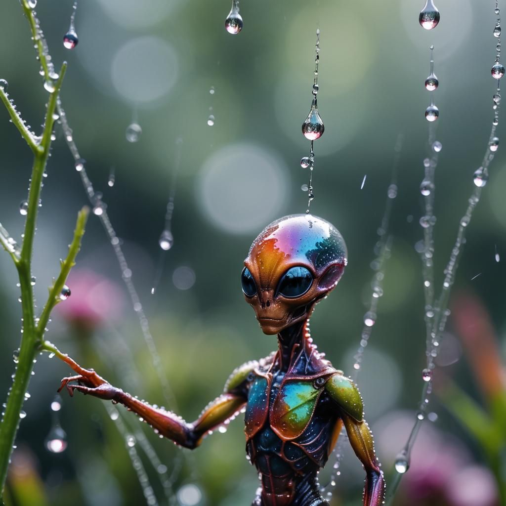 Alien Gazing at Reflection in Dewdrop: Macro