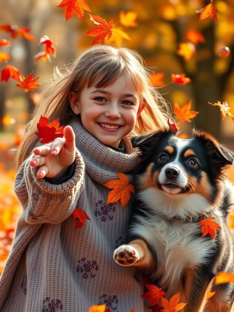 Girl and Dog Playing in Autumn Leaves