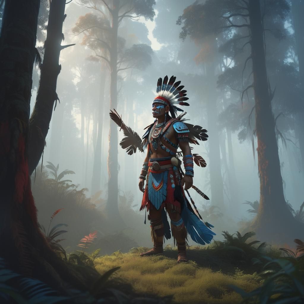 Seminole Warrior in Mystical Forest, Fantasy Concept Art