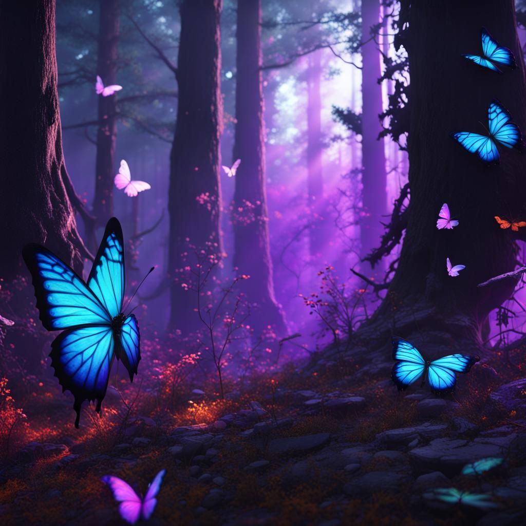 Black Light Butterflies in Splatter Paint Forest