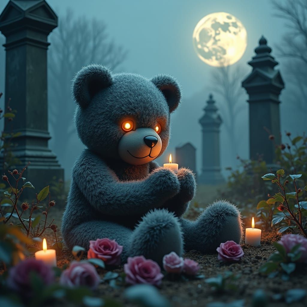 Zombie Teddy Bear Ritual in Pre-Raphaelite Style