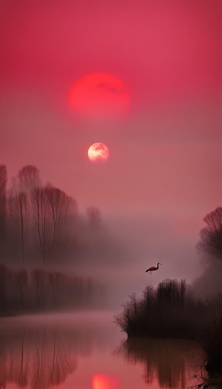 Single Red Crane in Foggy Red Landscape