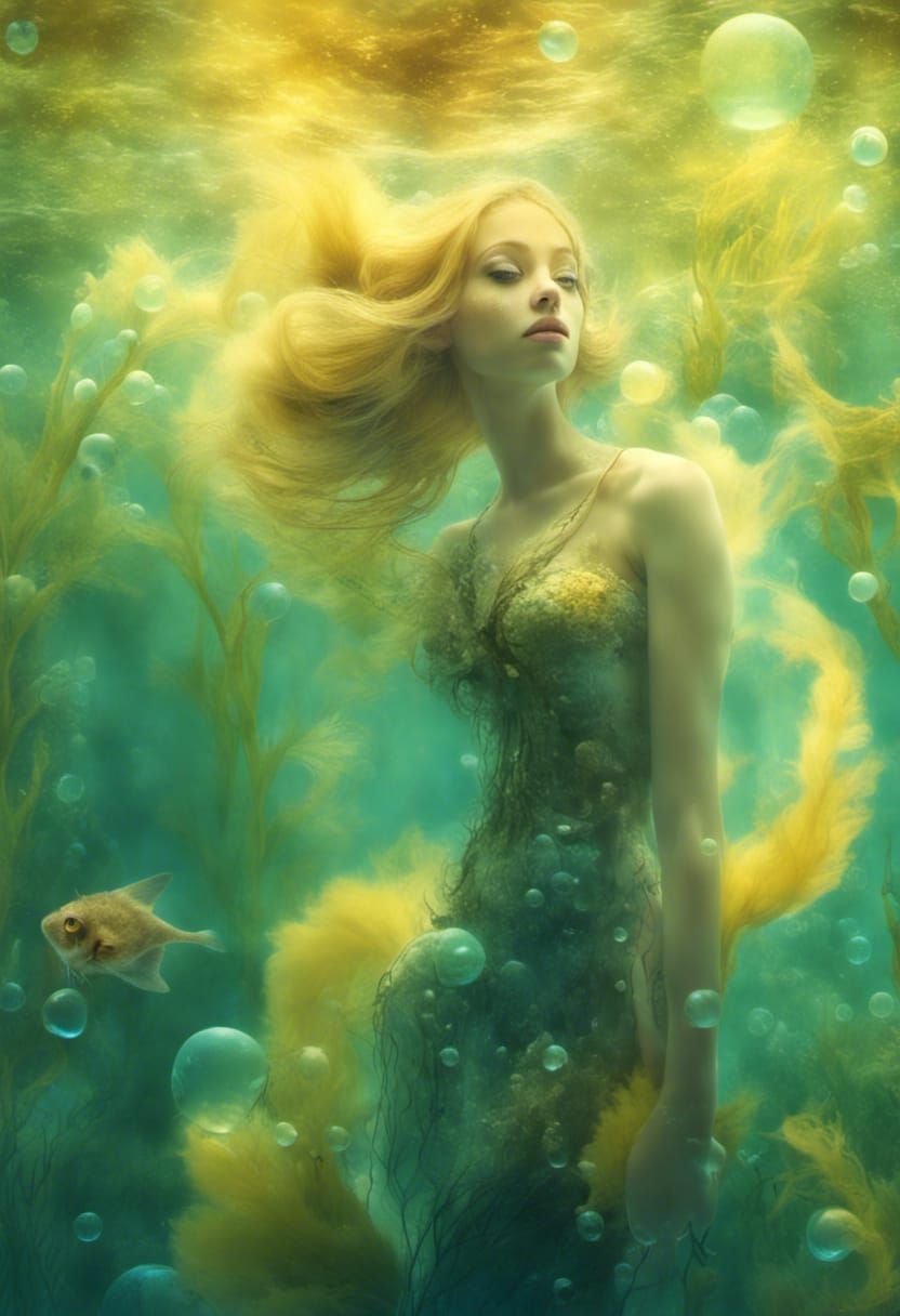 Mystical mermaid in yellowish greens