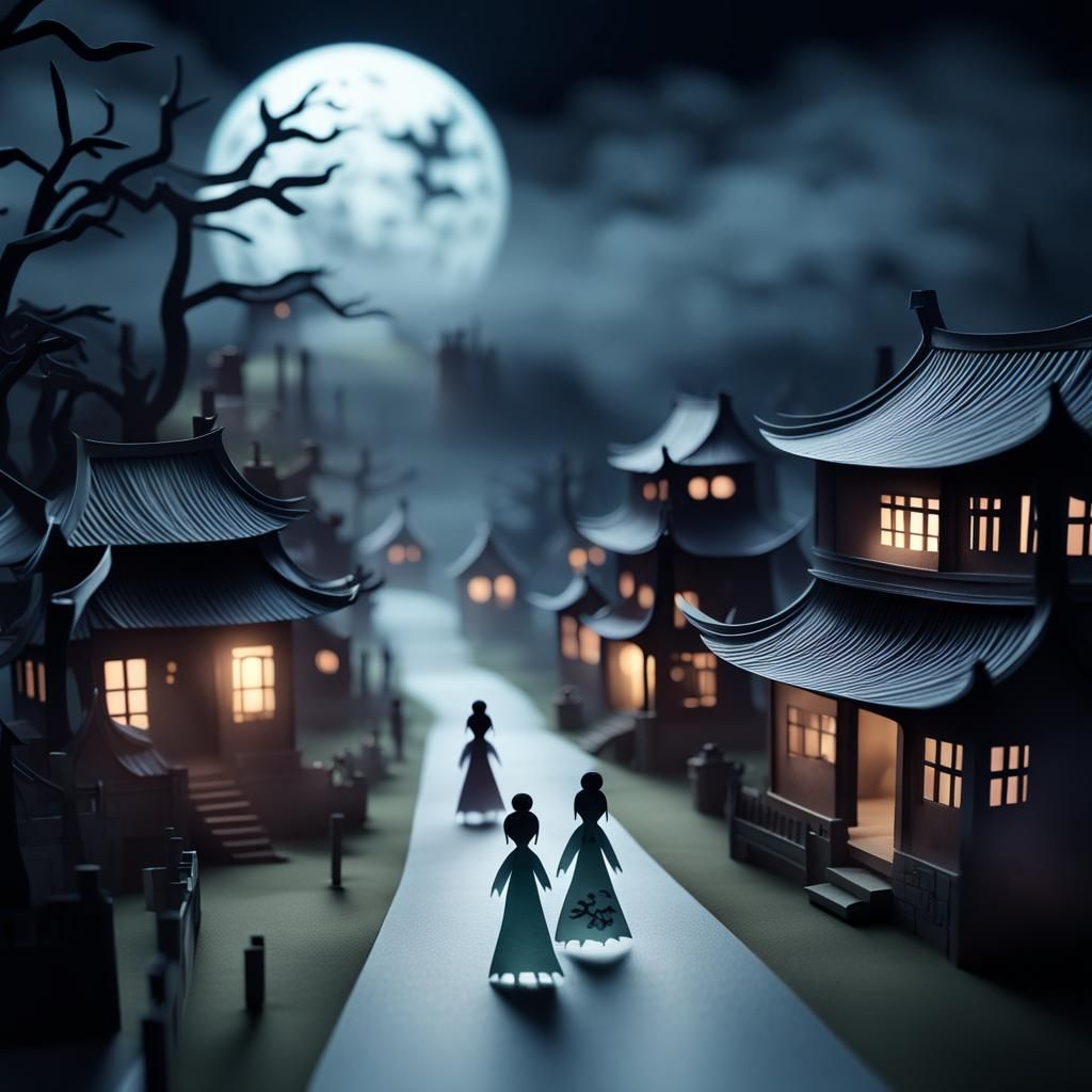 3D Haunted Village with Ghosts in Mist