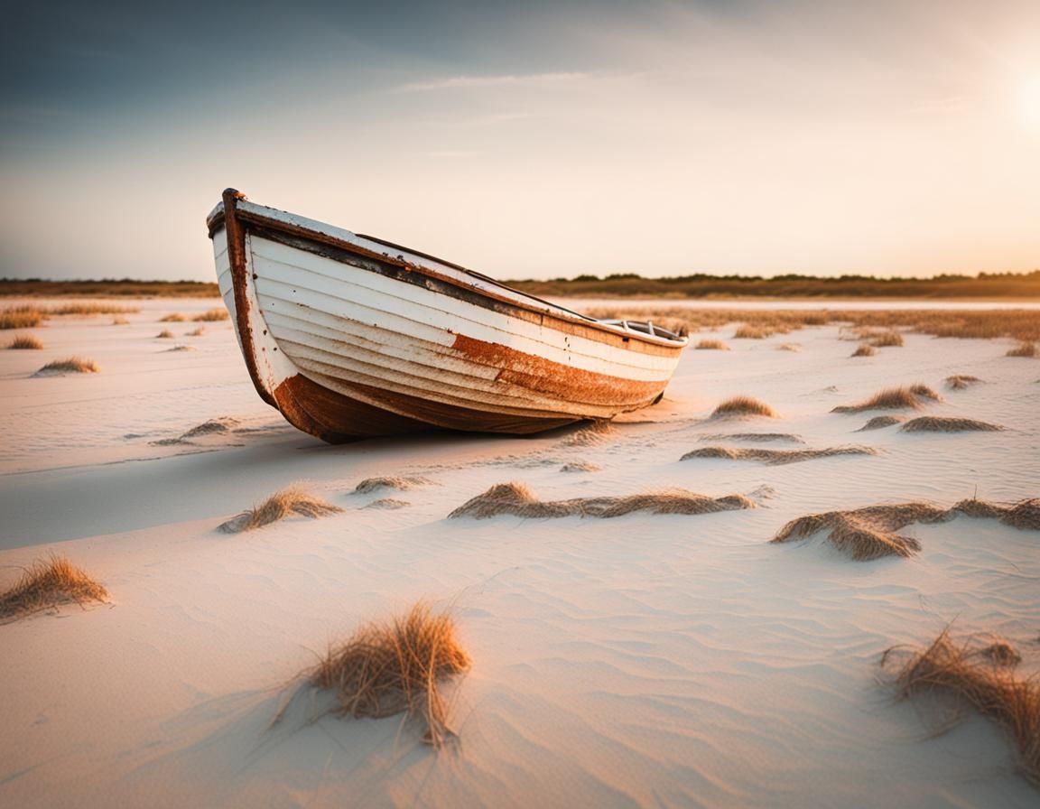 Minimalist Beached Boat at Sunset: Washed-Out Aesthetic