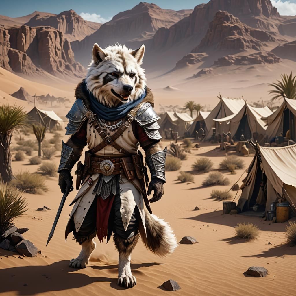 Hooded White Gnoll in Desert Camp: Fantasy Art