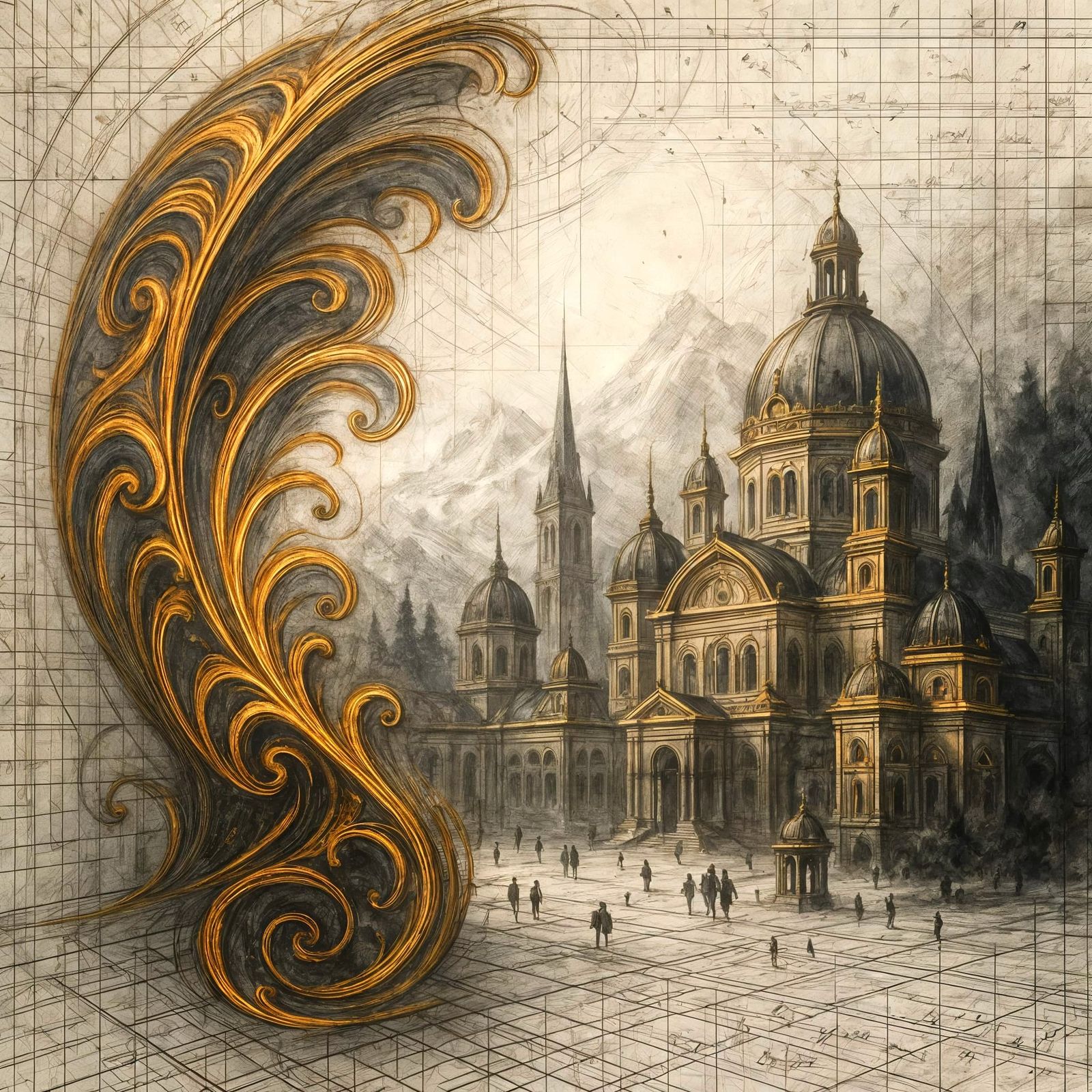 Surreal Architectural Dreamscape in Monochrome Style