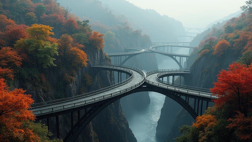 Cyberpunk Landscape with Bridges and Lava River