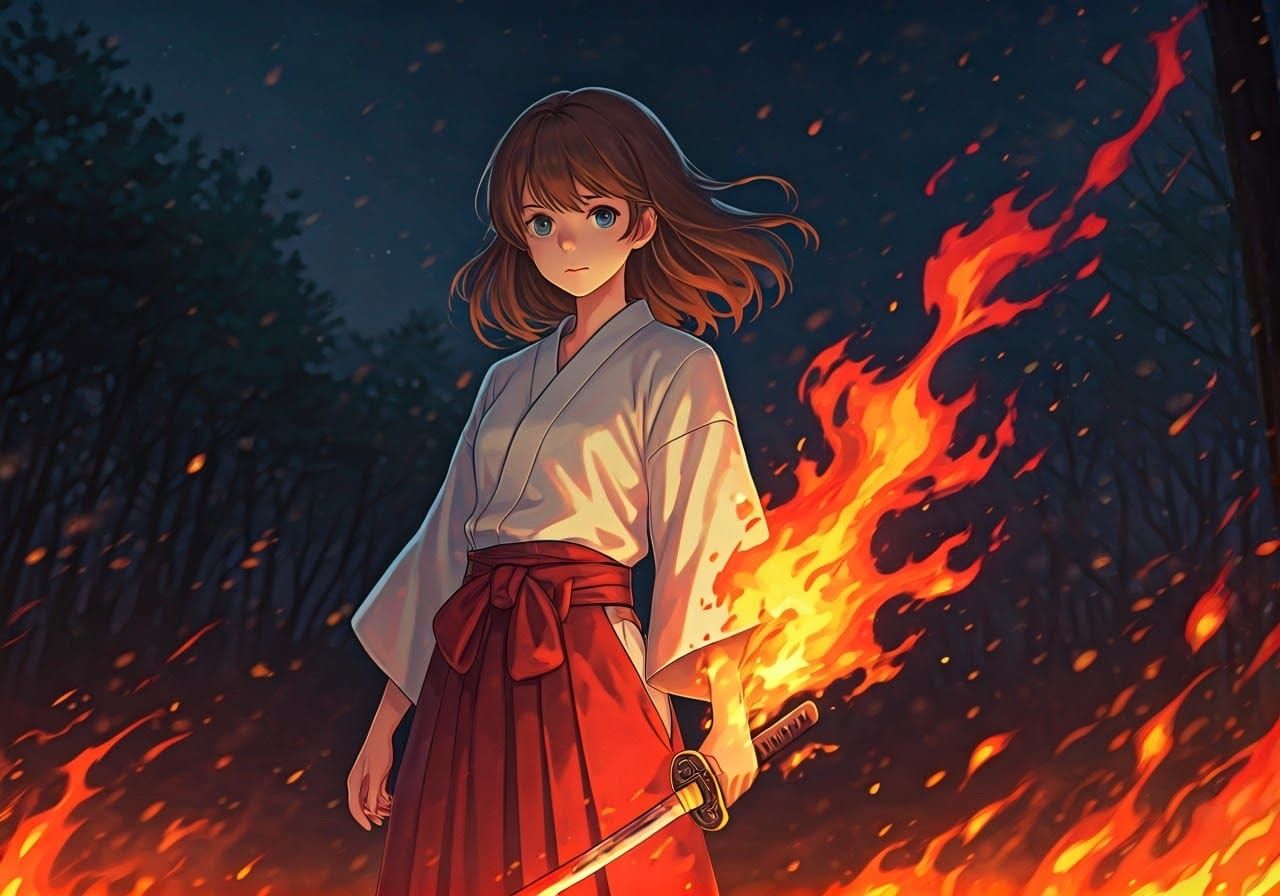 Anime Shrine Maiden Commands Elemental Fire Magic