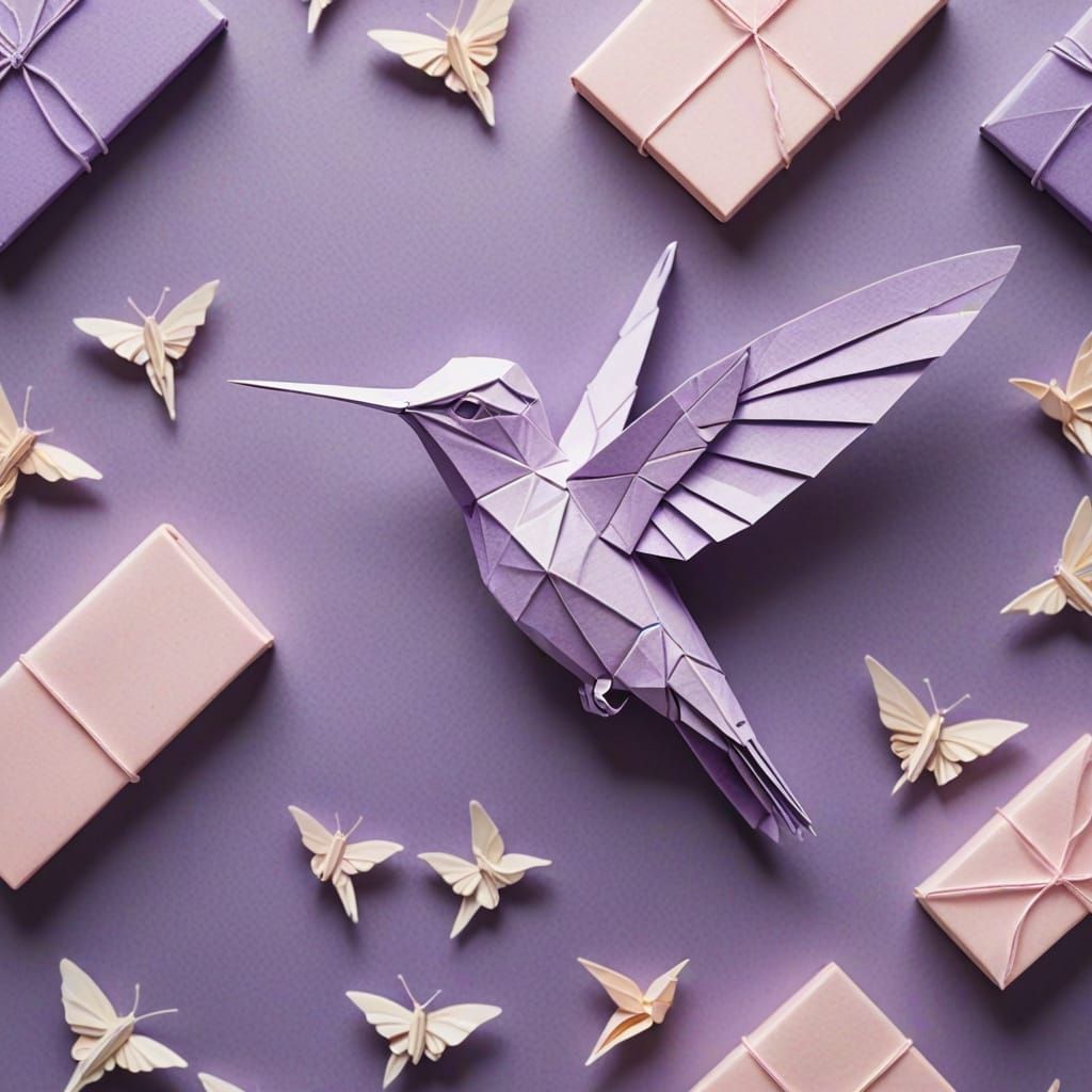 Delicate Origami Lilac Hummingbird in Traditional Japanese D...