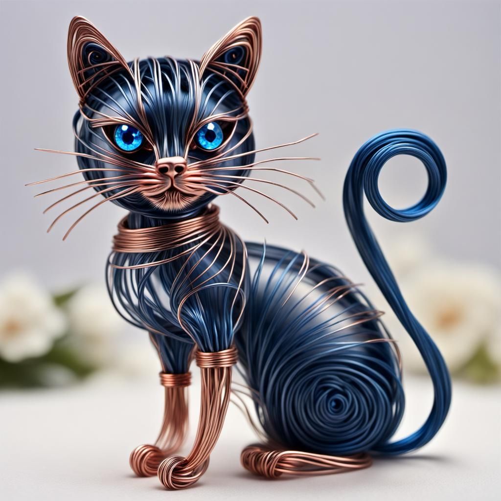 Metal Cat Sculpture with Copper Wire Fur and Crystal Eyes