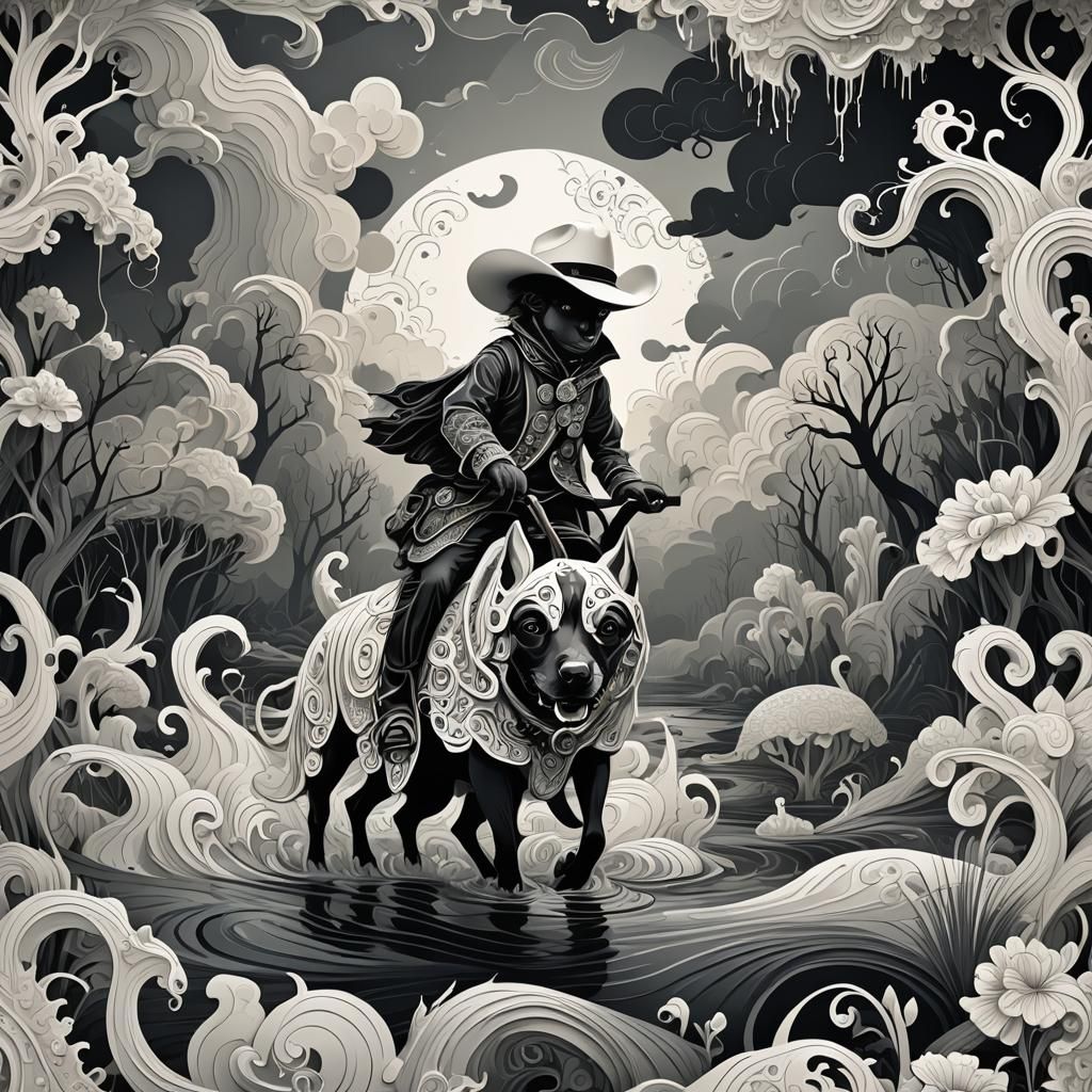 Baby Cowboy Rides Dog in Stormy Swamp