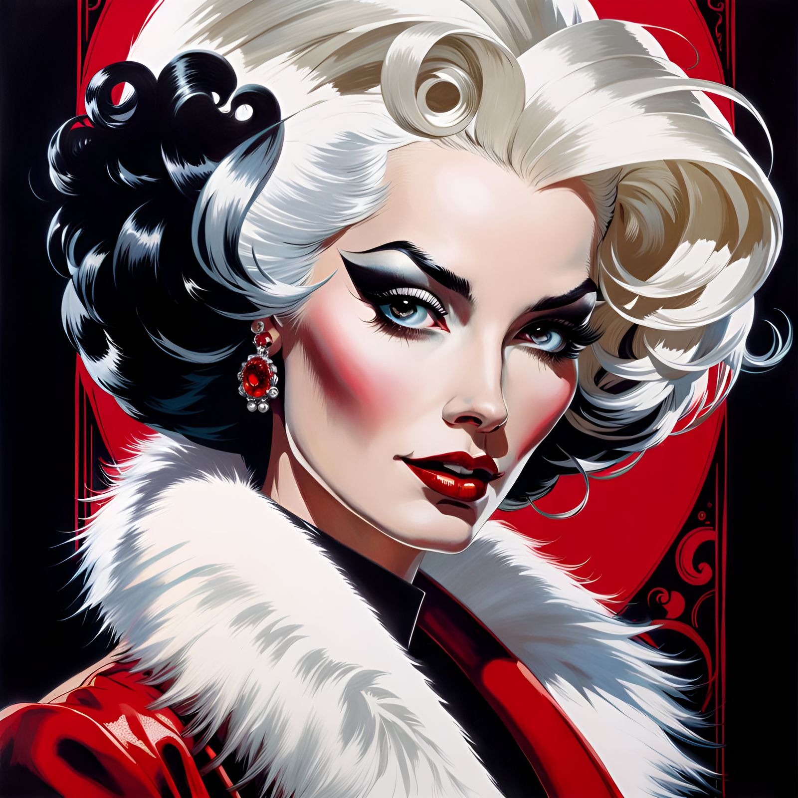 Cruella Deville Pin-Up Art in Mixed Media Style