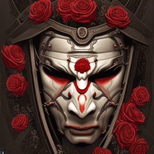 Samurai Mask with Roses: Hyperrealistic Digital Illustration