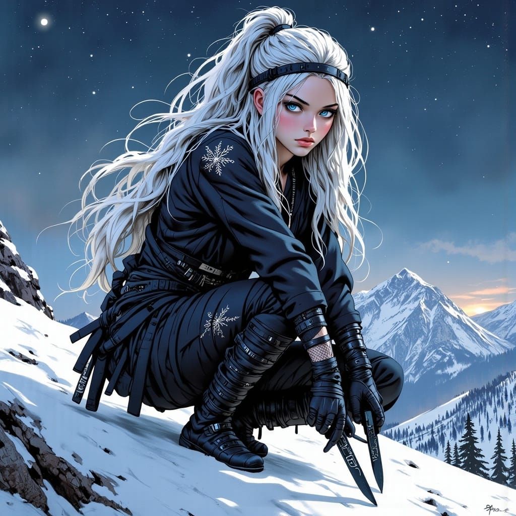 Ninja Warrior in Snowy Landscape, Anime Style