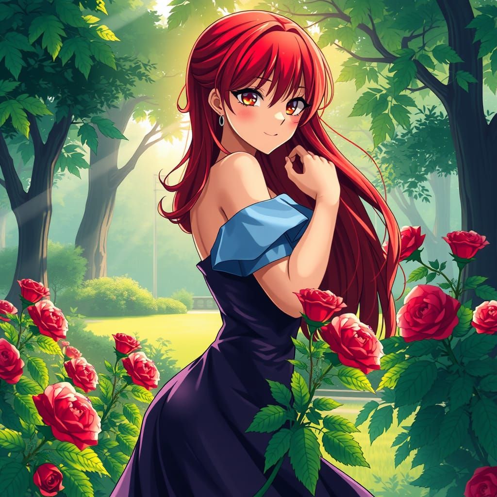 Anime Style: Red-Haired Woman in Rose Garden