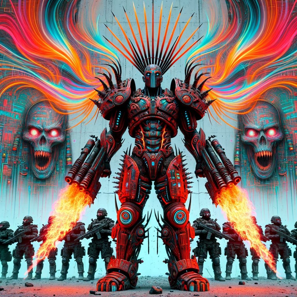 Futuristic Warrior with Fiery Tracers in Post-Apocalyptic Sc...