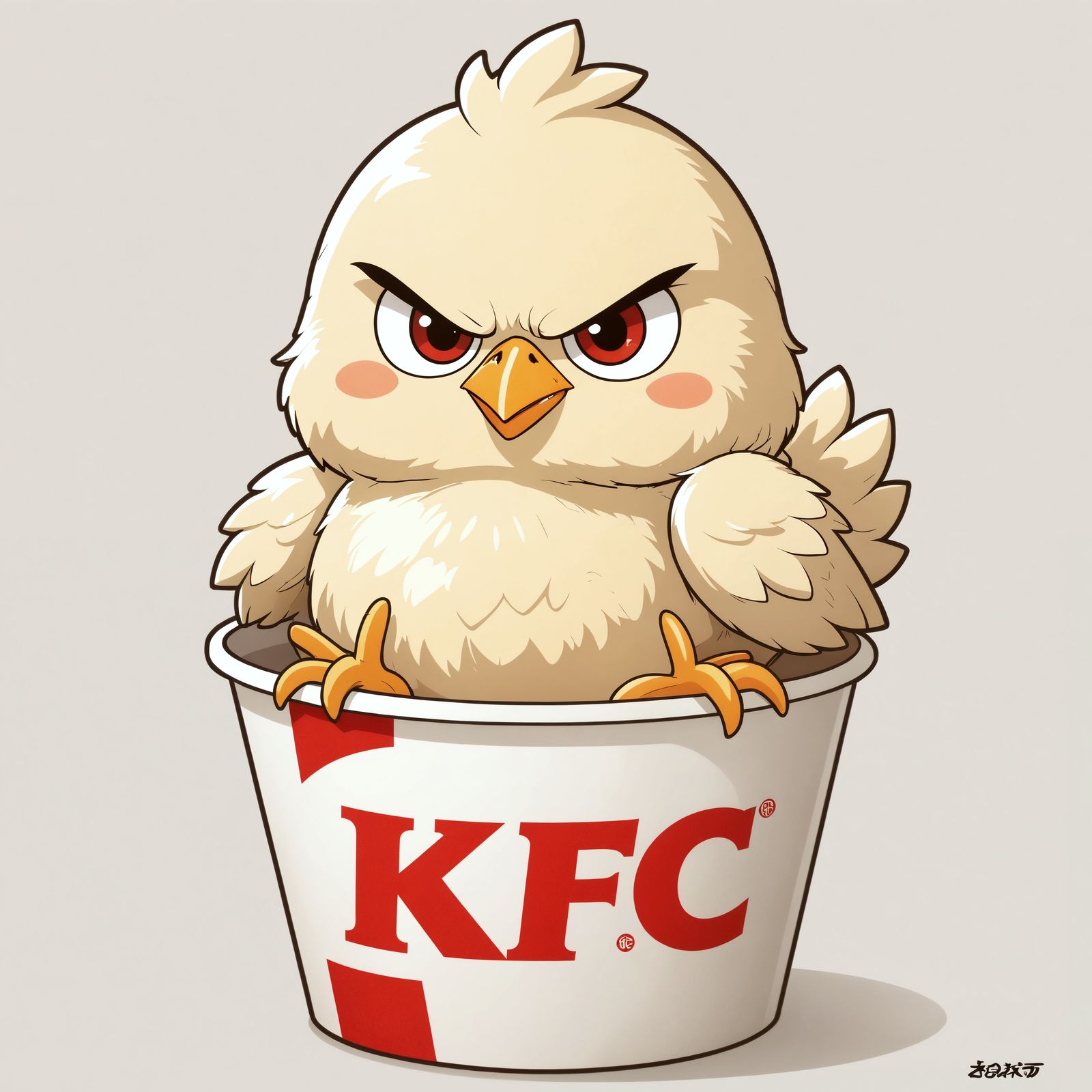 Angry Cartoon Chick in KFC Bucket, Anime Style