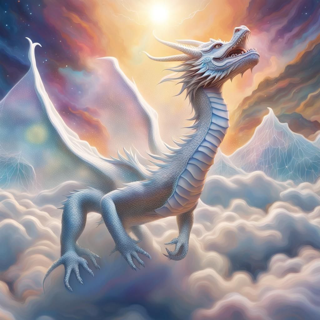 Dragon Soars Through Clouds in Astral Illustration