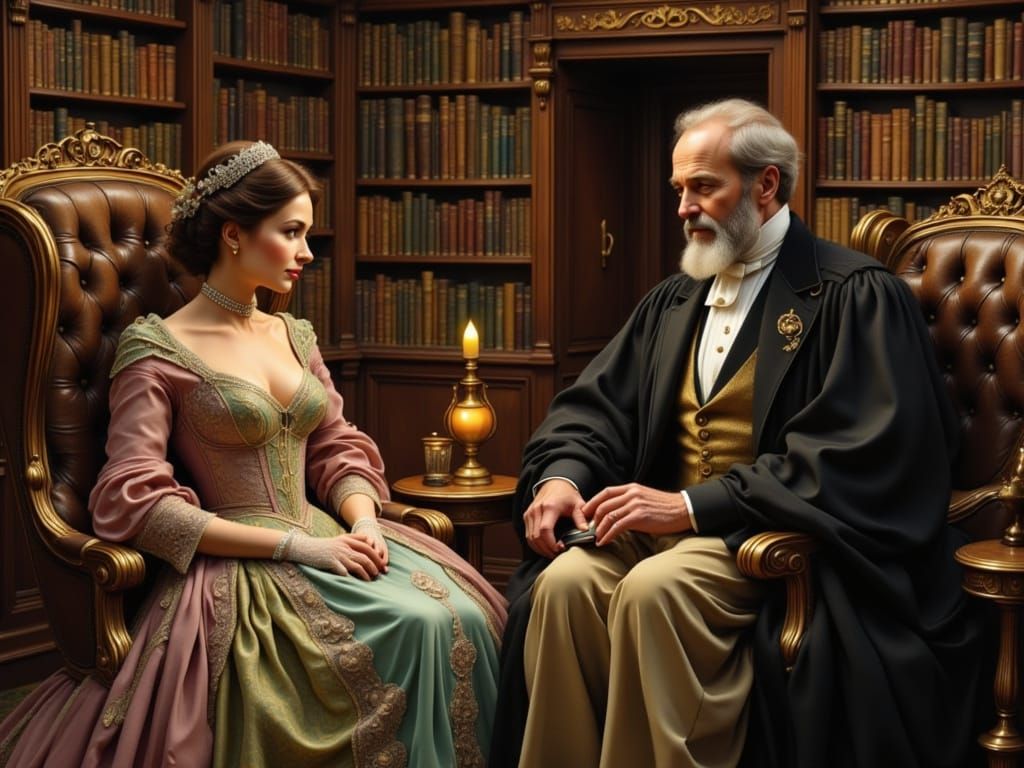 Elegant Victorian Lady in Grand Country House Library